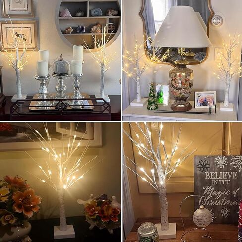 2-Pack 2FT Lighted Birch Tree with Timer for Easter Decorations, Artificial Birch Tree with 48 LED Warm White Lights, Tabletop Centerpiece Tree for Xmas Easter in Saudi Arabia