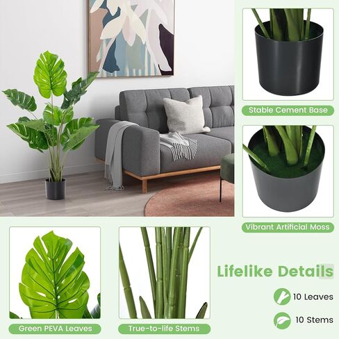 GOFLAME MONSTERA PLANT DELICIOSA ، شجرة فو بوكيل بوعاء مع 10 أوراق مزيفة خضرة ، محطة جبن سويسري للديكور المنزلي الداخلي ، في الهواء الطلق ، المنزل ، المكتب ، حزمة واحدة in Kuwait