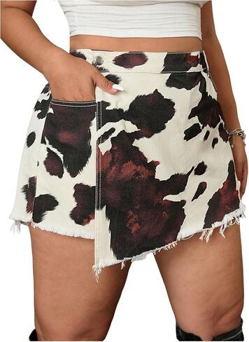Wdirara Women's Plus Size Print Denim Skorts High Cherced Hend Wrap Shorts in Kuwait