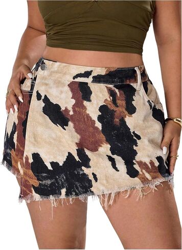 WDIRARA Women's Plus Size Cow Print Denim Skorts High Waisted Raw Hem Wrap Skirts Shorts in Saudi Arabia
