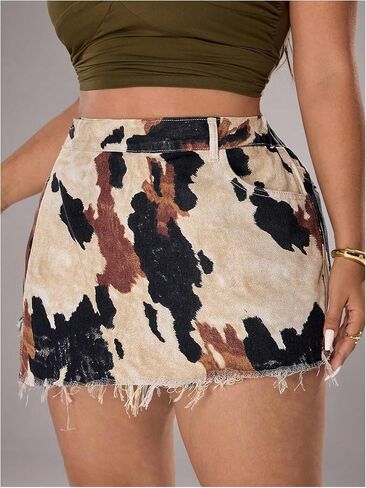 WDIRARA Women's Plus Size Cow Print Denim Skorts High Waisted Raw Hem Wrap Skirts Shorts in Saudi Arabia
