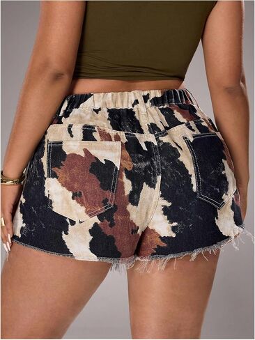 WDIRARA Women's Plus Size Cow Print Denim Skorts High Waisted Raw Hem Wrap Skirts Shorts in Saudi Arabia