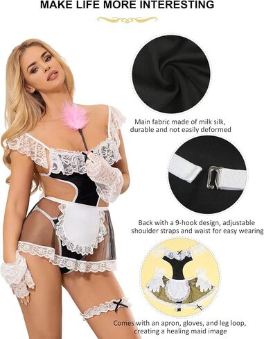 Women's Plus Size Lingerie Set French Maid Costume Milk Silk Sexy Dress with Lace Trim & Adjustable Straps in Saudi Arabia