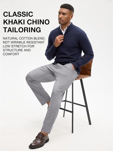 PLEPAN Men's Chino Pants Khaki - Stretch Waist Slim Fit Casual Trousers for Work in Kuwait