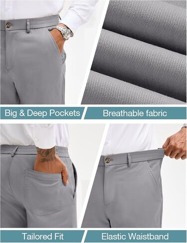 PLEPAN Men's Chino Pants Khaki - Stretch Waist Slim Fit Casual Trousers for Work in Kuwait