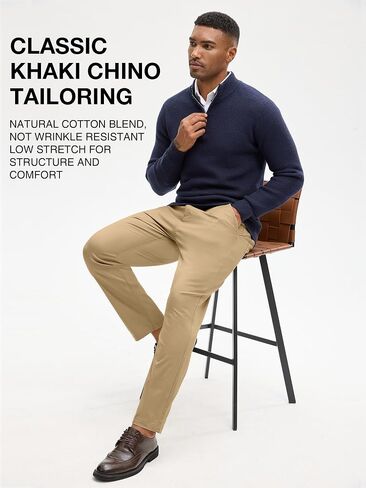 PLEPAN Men's Chino Pants Khaki - Stretch Waist Slim Fit Casual Trousers for Work in Kuwait