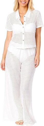 Hurley Women's 2 Piece Crochet Swim Cover Up Set, Short Sleeve Top and Pant (White, X-Large) in Saudi Arabia