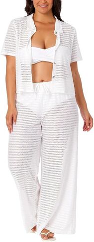 Hurley Women's 2 Piece Crochet Swim Cover Up Set, Short Sleeve Top and Pant (White, X-Large) in Saudi Arabia