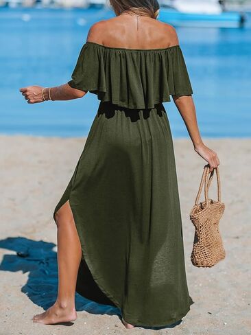 CUPSHE Women's Knit Ruffle Maxi Cover Up Dress Off Shoulder Split Hem Summer Dresses Cover Ups with Pockets in Saudi Arabia