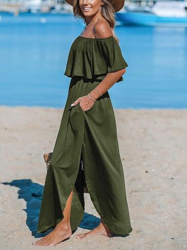 CUPSHE Women's Knit Ruffle Maxi Cover Up Dress Off Shoulder Split Hem Summer Dresses Cover Ups with Pockets in Saudi Arabia