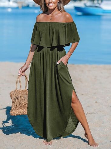 CUPSHE Women's Knit Ruffle Maxi Cover Up Dress Off Shoulder Split Hem Summer Dresses Cover Ups with Pockets in Saudi Arabia