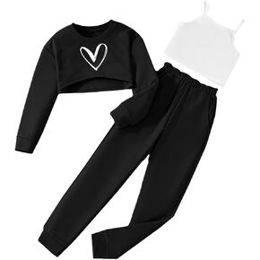 Hilinker Girls Long Sleeve 3 Piece Outfits Graphic Crop Tee and Cami Top with Pants Set in Kuwait