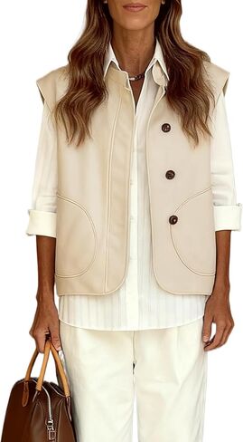 Watashi Women Vest Casual Button Up Stand Collar Lightweight Cargo Waistcoat Sleeveless Blazer Jacket Fall Cardigan Tops in Saudi Arabia