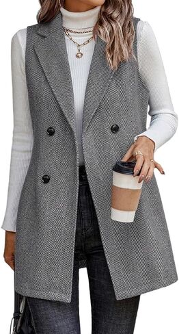 Mywinway Tweed Vest Women Fall Winter sleeveless Long Herringbone Wool Blazer Jackets Dress Trendy Outerwear in Kuwait