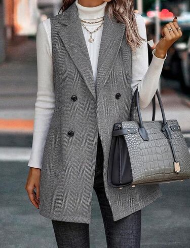 Mywinway Tweed Vest Women Fall Winter sleeveless Long Herringbone Wool Blazer Jackets Dress Trendy Outerwear in Kuwait