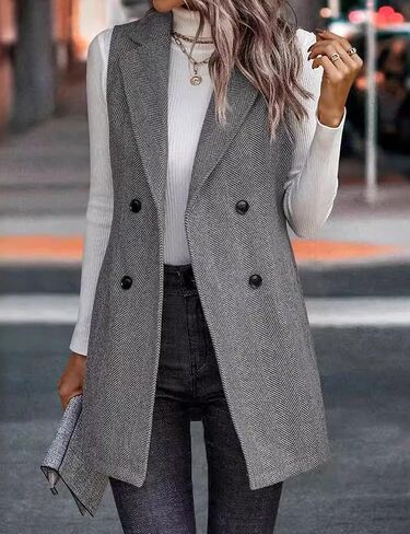 Mywinway Tweed Vest Women Fall Winter sleeveless Long Herringbone Wool Blazer Jackets Dress Trendy Outerwear in Kuwait