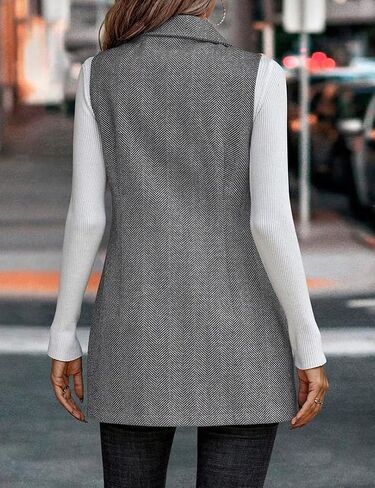 Mywinway Tweed Vest Women Fall Winter sleeveless Long Herringbone Wool Blazer Jackets Dress Trendy Outerwear in Kuwait