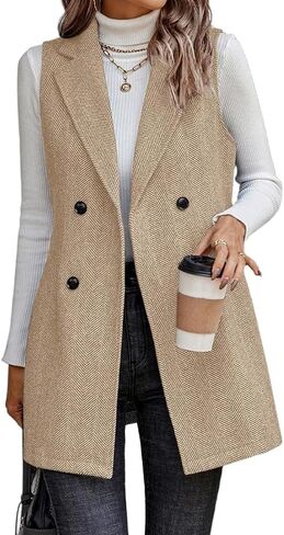 Mywinway Tweed Vest Women Fall Winter sleeveless Long Herringbone Wool Blazer Jackets Dress Trendy Outerwear in Kuwait