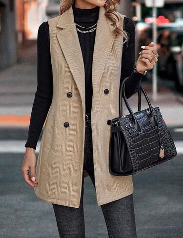 Mywinway Tweed Vest Women Fall Winter sleeveless Long Herringbone Wool Blazer Jackets Dress Trendy Outerwear in Kuwait