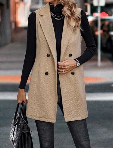 Mywinway Tweed Vest Women Fall Winter sleeveless Long Herringbone Wool Blazer Jackets Dress Trendy Outerwear in Kuwait