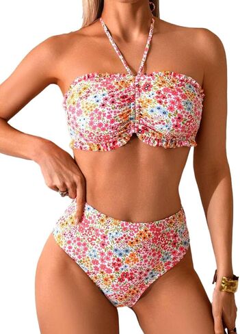 Women's Bandeau High Waisted Bikini Sets-2 Piece Swimsuit with Full Coverage Bottom Cute Bathing Suit in Kuwait