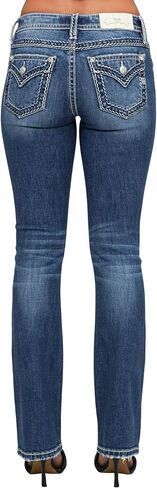 Miss Me Me Me Women's Middle Rise Saddle Sitched Faux Flap Pockets Bootcut Jeans in Kuwait