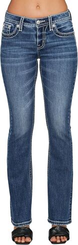 Miss Me Me Me Women's Middle Rise Saddle Sitched Faux Flap Pockets Bootcut Jeans in Kuwait