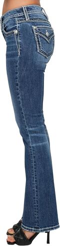 Miss Me Me Me Women's Middle Rise Saddle Sitched Faux Flap Pockets Bootcut Jeans in Kuwait