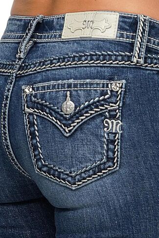 Miss Me Me Me Women's Middle Rise Saddle Sitched Faux Flap Pockets Bootcut Jeans in Kuwait