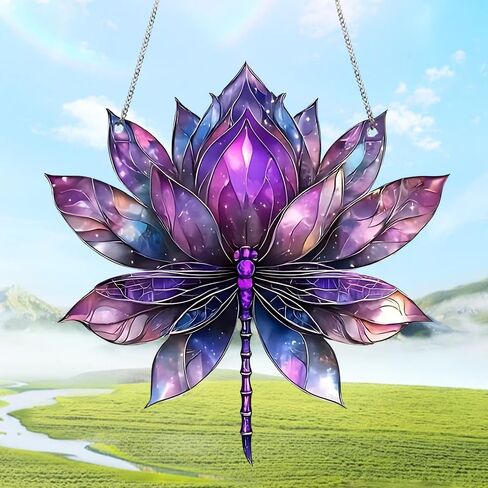 Colored Lotus Stained Window Hanging Ornament, Lotus Acrylic Double-Sided Printed Panel with Chain, Great Gift for Mom Grandma for Birthday, Anniversary, Mother's Day or Housewarming in Saudi Arabia