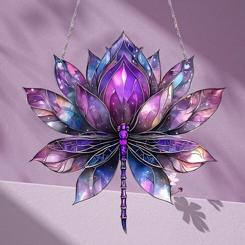 Colored Lotus Stained Window Hanging Ornament, Lotus Acrylic Double-Sided Printed Panel with Chain, Great Gift for Mom Grandma for Birthday, Anniversary, Mother's Day or Housewarming in Saudi Arabia