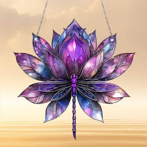 Colored Lotus Stained Window Hanging Ornament, Lotus Acrylic Double-Sided Printed Panel with Chain, Great Gift for Mom Grandma for Birthday, Anniversary, Mother's Day or Housewarming in Saudi Arabia