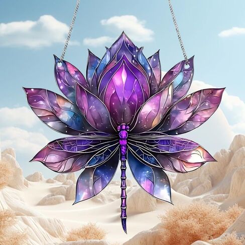 Colored Lotus Stained Window Hanging Ornament, Lotus Acrylic Double-Sided Printed Panel with Chain, Great Gift for Mom Grandma for Birthday, Anniversary, Mother's Day or Housewarming in Saudi Arabia