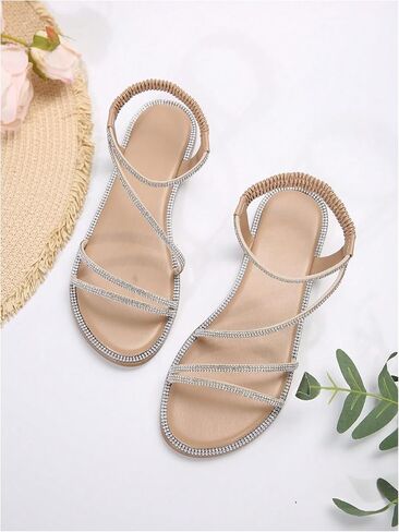OYOANGLE Women's Strappy Sandals Rhinestone Sparkly Criss Cross Comfortable Elastic Ankle Strap Sandal in Saudi Arabia