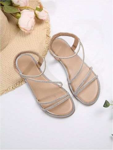 OYOANGLE Women's Strappy Sandals Rhinestone Sparkly Criss Cross Comfortable Elastic Ankle Strap Sandal in Saudi Arabia