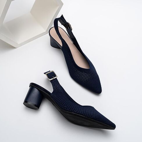 youngshow Womens Adjustable Slingback Heels, Pointed Toe Mid-Low Heel, Cute Knitted Slip On Work Pumps Dress Shoes in Saudi Arabia