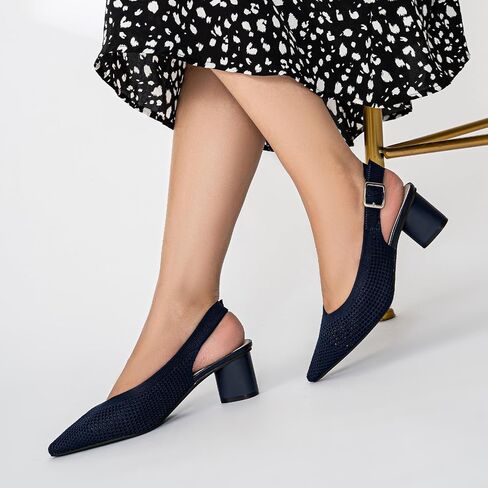 youngshow Womens Adjustable Slingback Heels, Pointed Toe Mid-Low Heel, Cute Knitted Slip On Work Pumps Dress Shoes in Saudi Arabia