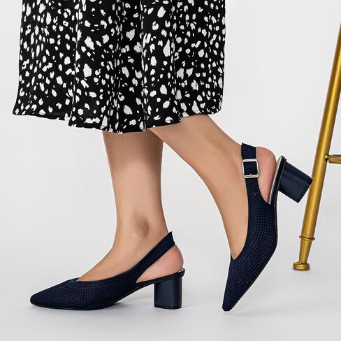 youngshow Womens Adjustable Slingback Heels, Pointed Toe Mid-Low Heel, Cute Knitted Slip On Work Pumps Dress Shoes in Saudi Arabia