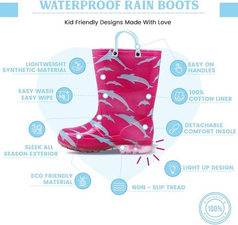 NORTY PVC Rain Boots for Kids - Waterproof PVC Boots Boys and Girls Solid & Printed Rainboots for Toddlers and Kids - Light Up in Saudi Arabia