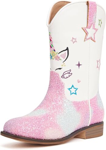 Julyrose Girls Cowgirl Boots Toddler Western Cowboy Boots - Glitter Square Toe Mid Calf Riding Shoes for Little Kids, Big Kids in Saudi Arabia