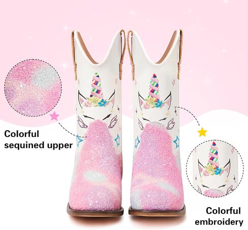 Julyrose Girls Cowgirl Boots Toddler Western Cowboy Boots - Glitter Square Toe Mid Calf Riding Shoes for Little Kids, Big Kids in Saudi Arabia