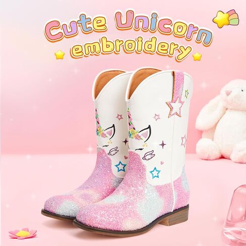 Julyrose Girls Cowgirl Boots Toddler Western Cowboy Boots - Glitter Square Toe Mid Calf Riding Shoes for Little Kids, Big Kids in Saudi Arabia