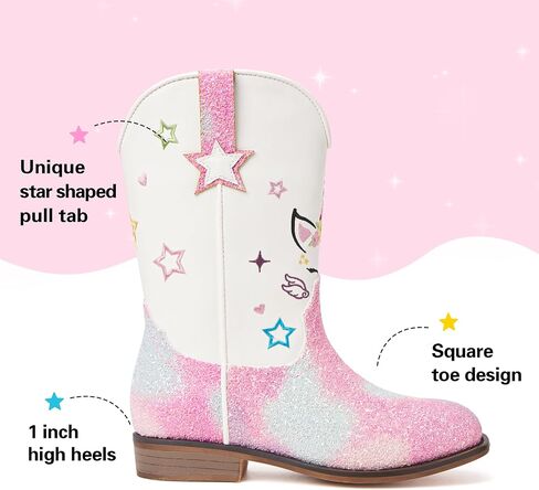 Julyrose Girls Cowgirl Boots Toddler Western Cowboy Boots - Glitter Square Toe Mid Calf Riding Shoes for Little Kids, Big Kids in Saudi Arabia