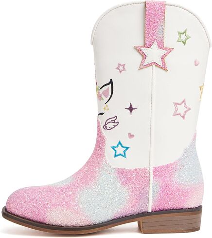 Julyrose Girls Cowgirl Boots Toddler Western Cowboy Boots - Glitter Square Toe Mid Calf Riding Shoes for Little Kids, Big Kids in Saudi Arabia