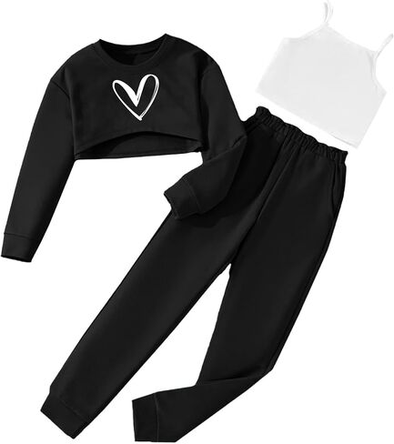 Hilinker Girls Long Sleeve 3 Piece Outfits Graphic Crop Tee and Cami Top with Pants Set in Kuwait