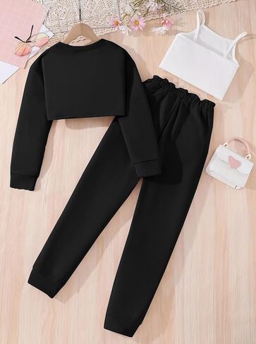 Hilinker Girls Long Sleeve 3 Piece Outfits Graphic Crop Tee and Cami Top with Pants Set in Kuwait