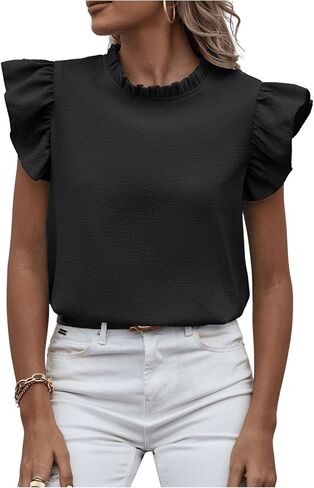 SweatyRocks Women's Ruffle Sleeve Summer Top Mock Neck Dressy Casual Blouse in Saudi Arabia