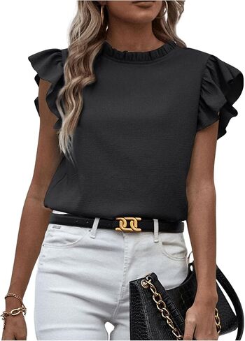 SweatyRocks Women's Ruffle Sleeve Summer Top Mock Neck Dressy Casual Blouse in Saudi Arabia