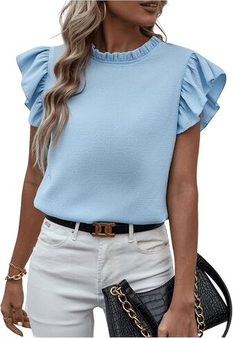 Sweatyrocks Women's Shuffle Sleeve Summer Top Mouck Neck Bluouse Disy Discal in Kuwait