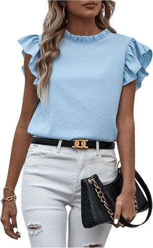 Sweatyrocks Women's Shuffle Sleeve Summer Top Mouck Neck Bluouse Disy Discal in Kuwait
